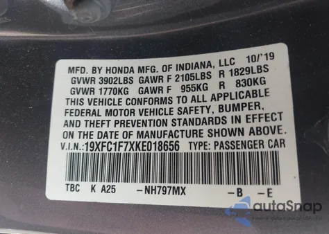 2019 Honda Civic Ex-L из США, поврежденный, VIN 19XFC1F7XKE018656